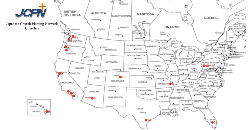 Map showing the locations of JCPN member churches across North America